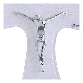 Cruz Tau 16x12 cm vidro branco purpurina e corpo prateado