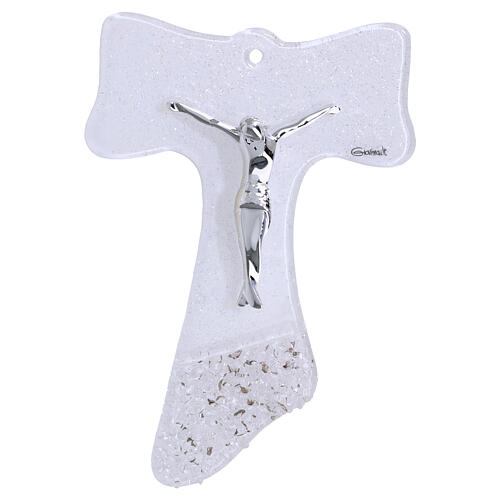 Cruz Tau 16x12 cm vidro branco purpurina e corpo prateado 1