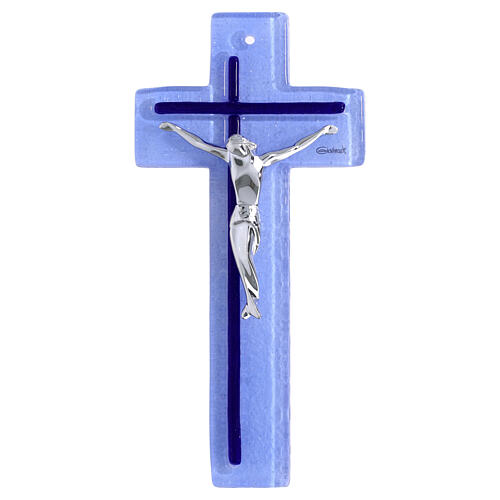 Blue glass cross with silver body, 8x4 in 4