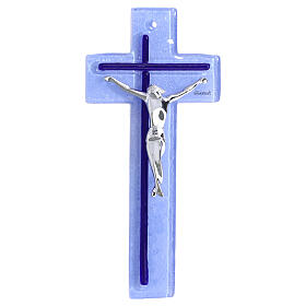 Cruz vidrio celeste azul cuerpo plateado 21x10 cm