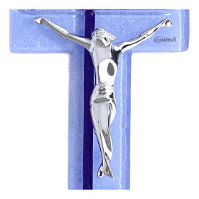 Cruz vidrio celeste azul cuerpo plateado 21x10 cm