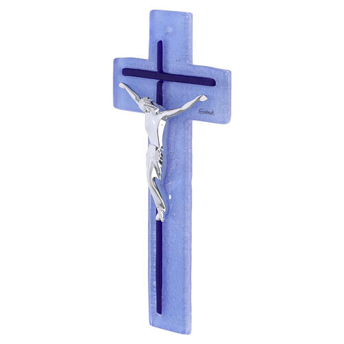 Cruz vidrio celeste azul cuerpo plateado 21x10 cm 3
