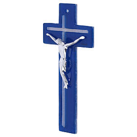 Cruz vidrio azul y blanco 21x10 cm cuerpo estilizado plata