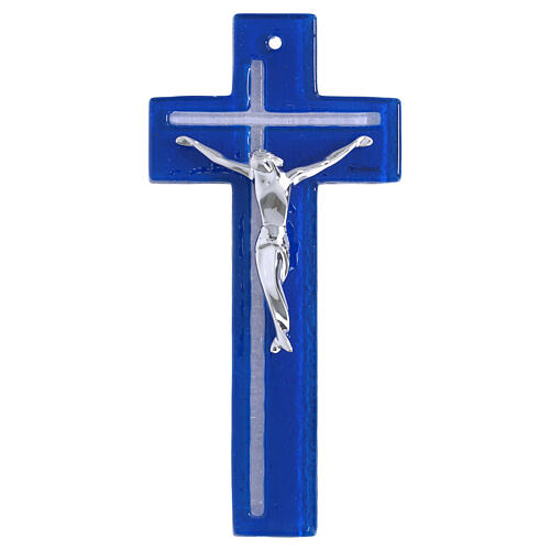 Cruz vidrio azul y blanco 21x10 cm cuerpo estilizado plata 1