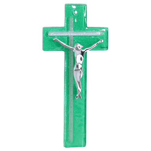Croix corps stylisé argent vert émeraude 21x10 cm 1