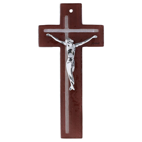 Crucifijo 21x10 cm vidrio burdeos blanco cuerpo estilizado plata 1
