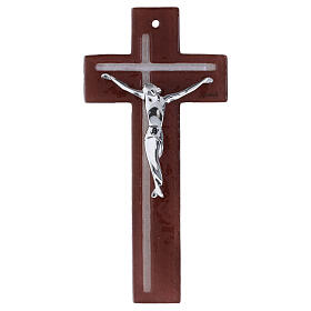 Crucifixo 21x10 cm vidro bordô branco corpo estilizado prateado