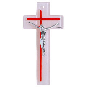 Crucifijo blanco y rojo con cuerpo plateado estilizado 21x10 cm