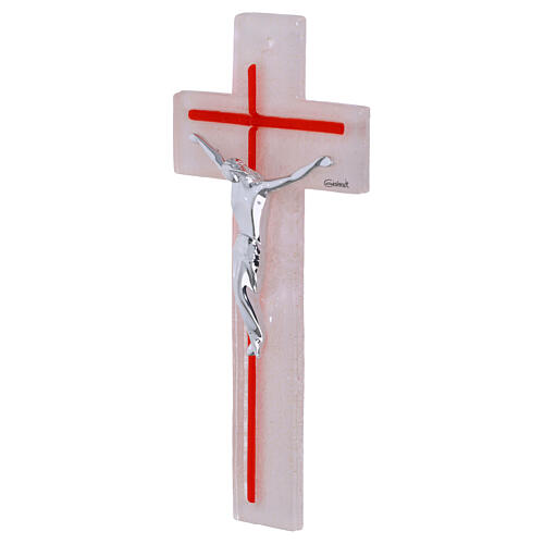 Crucifix en verre blanc et rouge avec corps argenté stylisé 21x10 cm 2