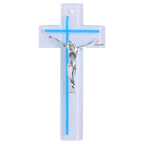 White and Blue Glass Cross with Modern Silver Body, 21x10 cm 1