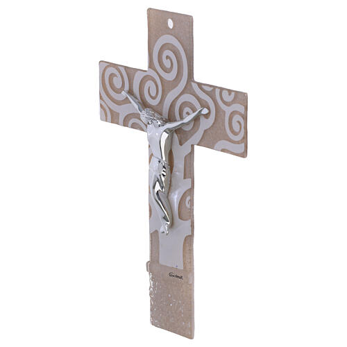 Kruzifix aus beigem Glas mit Baum des Lebens und silberfarbenem Korpus – 21 × 14 cm 3