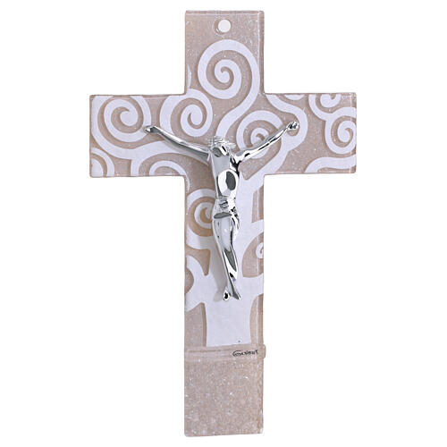 Croix en verre beige Arbre de vie corps argenté 21x14 cm 1