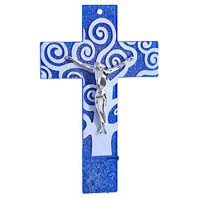 Cruz vidrio azul Árbol de la Vida cuerpo plateado 21x14 cm