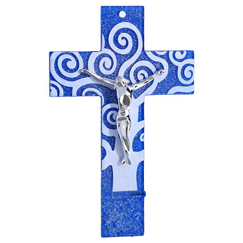 Cruz vidrio azul Árbol de la Vida cuerpo plateado 21x14 cm 1