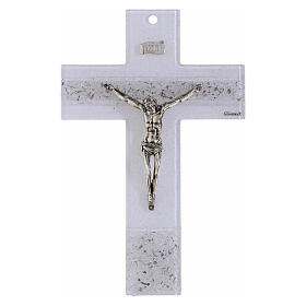 Cruz em vidro branco com corpo em fios de platina 21x13 cm