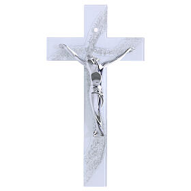 Cruz onda em vidro branco com purpurina prateada e corpo estilizado 26x14 cm