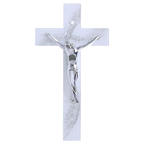 Cruz onda em vidro branco com purpurina prateada e corpo estilizado 26x14 cm 1