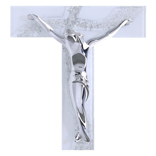 White Glass Cross with Silver Glitter Wave and Stylized Body, 26x14 cm 2