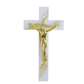 Cruz con ola vidrio blanco purpurina oro con cuerpo moderno dorado 26x14 cm