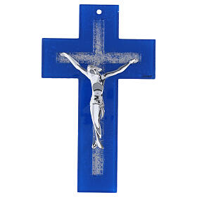 Crucifijo azul con cruz en relieve decorada con purpurina y cuerpo moderno plateado 25x15 cm
