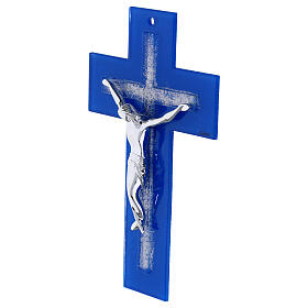 Crucifijo azul con cruz en relieve decorada con purpurina y cuerpo moderno plateado 25x15 cm