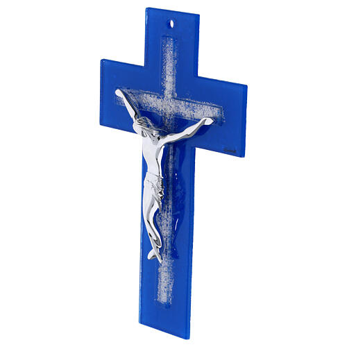 Crucifijo azul con cruz en relieve decorada con purpurina y cuerpo moderno plateado 25x15 cm 2