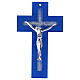 Crucifixo azul com cruz em relevo decorada com purpurina e corpo moderno prateado 25x15 cm s1