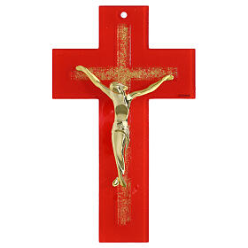 Cruz de vidro vermelho com relevo de cruz brilhante e corpo moderno dourado de 25x15 cm