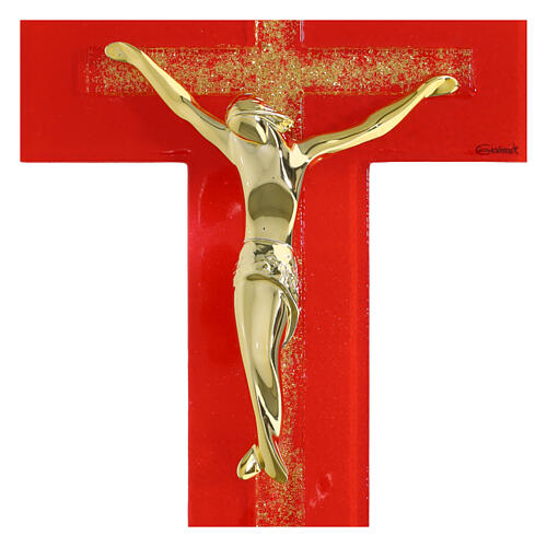 Cruz de vidro vermelho com relevo de cruz brilhante e corpo moderno dourado de 25x15 cm 2