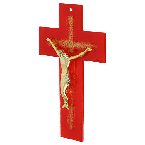 Cruz de vidro vermelho com relevo de cruz brilhante e corpo moderno dourado de 25x15 cm 3