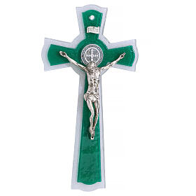 Wall cross in white and green glass, metal body and St. Benedict medal, 10x5.5 in