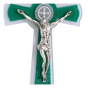 Wall cross in white and green glass, metal body and St. Benedict medal, 10x5.5 in