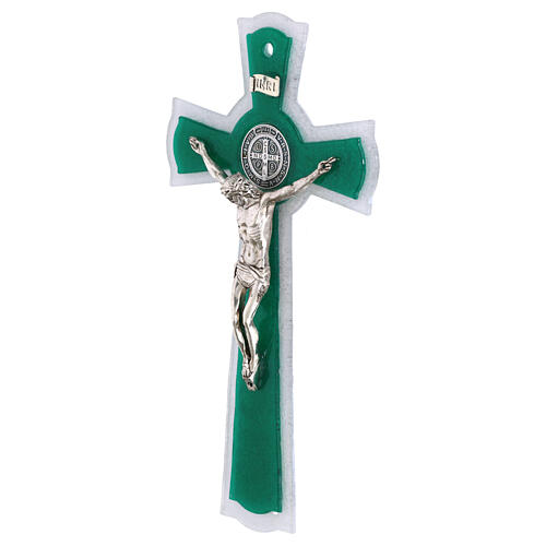 Cruz círculo San Benito de vidrio blanco verde cuerpo y medalla metal 26x14 cm 3