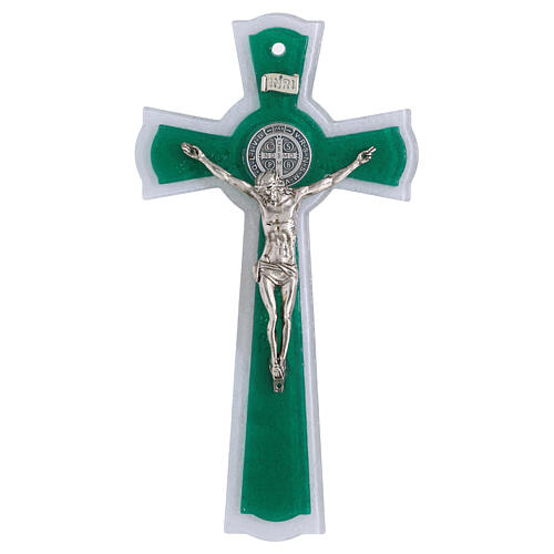 Cruz círculo San Benito de vidrio blanco verde cuerpo y medalla metal 26x14 cm 4