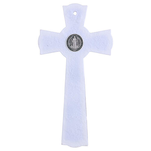 St. Benedict cross in bicolour glass, metal body and medal, 10x5.5 in 5