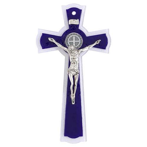 Croix cercle Saint Benoît en verre bicolore corps et médaille en métal 26x14 cm 4