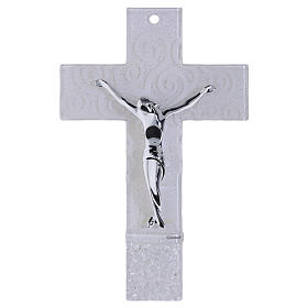 Tree of Life Cross, white glass, silver glitter, stylized body, 26x16 cm