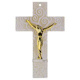 Cruz vidrio blanco purpurina oro Árbol de la Vida cuerpo estilizado oro 26x16 cm