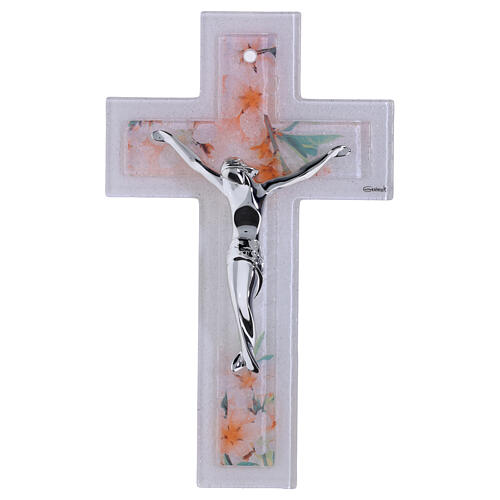 Crucifix double croix en verre décor floral corps moderne argenté 26x16 cm 1