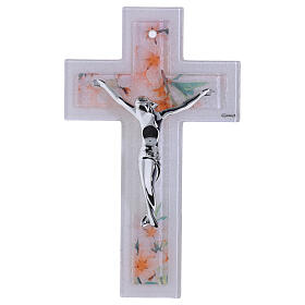 Crucifixo de dupla cruz em vidro com decorações florais e corpo moderno prateado 26x16 cm