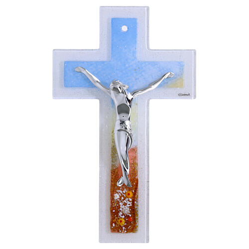 Croix double verre de Murano décorée corps moderne argenté 26x15 1