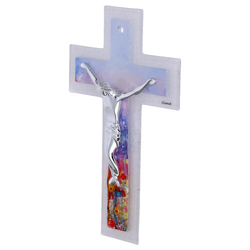 Cruz dupla vidro de Murano 26x15 cm corpo moderno prateado 3