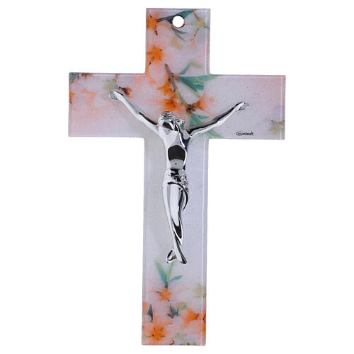 White glass cross with floral decorations and modern silver body, 10x7 in 1