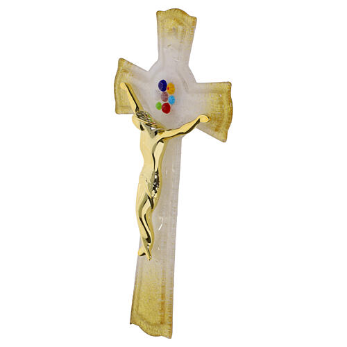 Modern glass cross in white Murano glass with gold ends and coloured murrine, modern body, 10x6 in 2