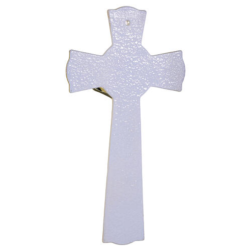 Modern glass cross in white Murano glass with gold ends and coloured murrine, modern body, 10x6 in 3