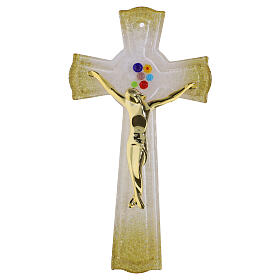 Cruz em vidro de Murano branco e ouro, murrinas coloridas corpo moderno 25x15 cm