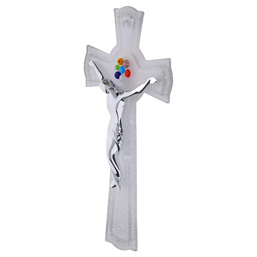 Glass cross in Murano glass with silver glitter and coloured murrine, modern body, 10x6 in 2