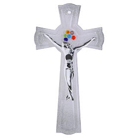 Cruz de vidro de Murano com glíter prateado, murrinas coloridas e corpo prateado 25x14 cm