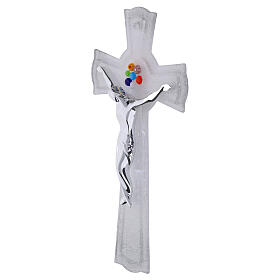 Cruz de vidro de Murano com glíter prateado, murrinas coloridas e corpo prateado 25x14 cm