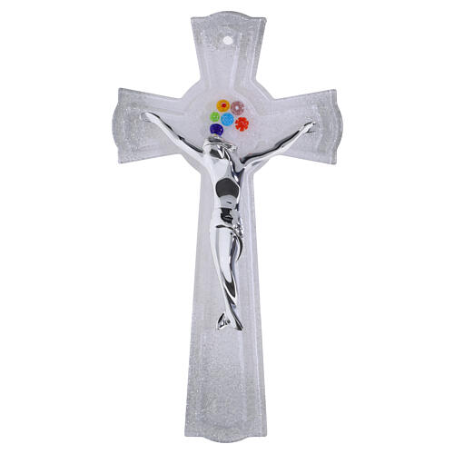 Cruz de vidro de Murano com glíter prateado, murrinas coloridas e corpo prateado 25x14 cm 1